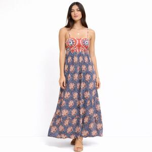 Natural Life NEW Bailey Red Navy Boho Smocked Maxi Dress Size L Festival Cottage